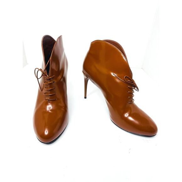 Gucci Brown Leather Kim Lace-Up Ankle Booties Women’s Size 38.5 High Heel Boots - Picture 9 of 10